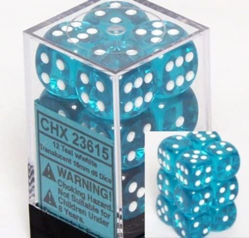 Imagen de Dados D6 Translucent 16mm Teal/white 12-dice Block 23615