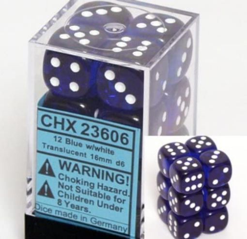 Imagen de Dados D6 Translucent 16mm Blue/white 12-dice Block 23606